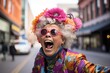 Photo of an elderly woman wearing a hat made of colourful flowers with an eccentric expression on her face created with Generative AI technology