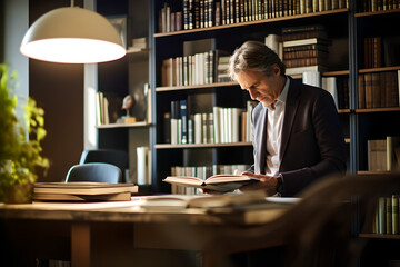 Old man writer sitting at workplace in office writing a book, focused senior male author working writing a book