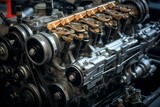 Fototapeta  - Detailed view of diesel engine maintenance, showcasing injectors and camshaft. Generative AI