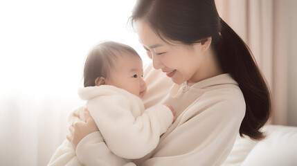 happy young asian mother holding and touching noses with her baby, she is feeling happy to stay with