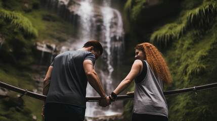 Wall Mural - Adventure couple travelers exploring amazing hidden waterfall in forest, Traveling along mountains and rain forest