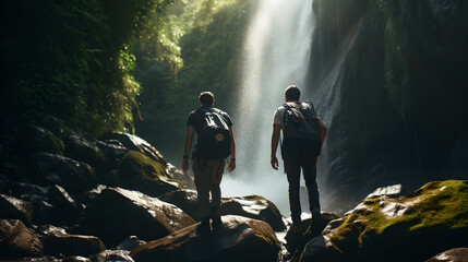 Wall Mural - Adventure travelers exploring amazing hidden waterfall in forest, Traveling along mountains and rain forest