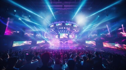 E-sports arena, filled with cheering fans and colorful LED lights. Players compete on a large stage in front of a massive screen. Big arena with many people, big stage, concert hall.