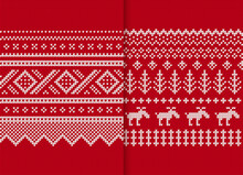 Holiday Fair Knit Texture. Christmas Winter Print. Seamless Pattern With Deers, Trees. Knitted Red Sweater Background. Xmas Traditional Ornament. Festive Wool Pullover Vector Illustration.