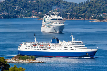 Sticker - Cruise ship, ferry and boats in the Mediterranean Sea Aegean island of Skiathos, Greece