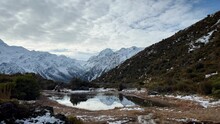 Mount Cook Reflecting In Calm Red Tarns, New Zealand; Steady Shot
