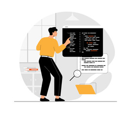 Wall Mural - backend development coding and programming. man writes code, creates and optimizes pages and program