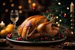 © Viewvie - Christmas roasted turkey with cranberries and oranges on rustic wooden table