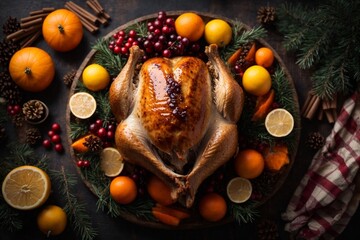 Wall Mural - Christmas roasted turkey with cranberries and oranges on rustic wooden table