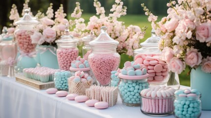 Wall Mural - Photo of a colourful display of candy-filled glass jars on a table ready for a baby shower - created with Generative AI technology