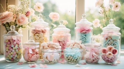 Wall Mural - Photo of a colourful display of candy-filled glass jars on a table ready for a baby shower - created with Generative AI technology