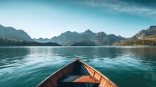 Wooden Canoe On The Lake With Mountains In The Background. Long Exposure. AI Generated Image