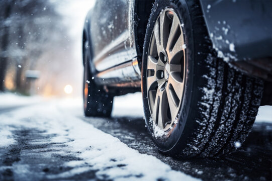 Wall Mural -  - Car with new winter wheels and tires on snow