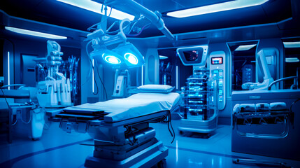 Wall Mural - Hospital room with medical bed and lights on the ceiling and in the middle of the room are medical equipment.