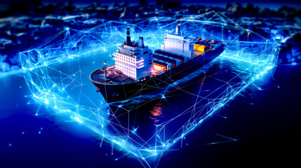 Large boat floating on top of body of water surrounded by networked lines.