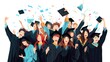 © musa - Happy students celebrating graduation. Cheerful young men and women in academic gowns and hats holding diplomas and rejoicing. Vector illustration. AI generated Image