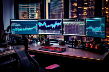 Wall Mural - Desk with three computer monitors and keyboard on it in front of cityscape.