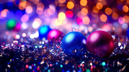 Canvas Print - Three shiny christmas balls in front of multicolored boke of lights.