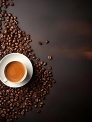 Coffee background. Top view. Cup of Coffee and coffee beans on a dark background with copy space. Ai Generative