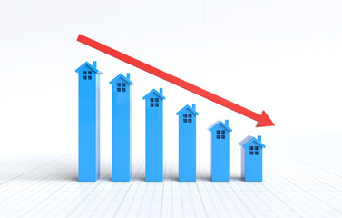 The house graph is going down and has a red arrow, Real estate, Business idea.