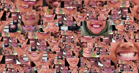 Sticker - Smile, teeth and mouth collage with people in a collection together for diversity, unity or inclusion. Dental, happy or lips with a montage of natural men and women closeup for hygiene or oral care