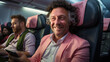 © Rainbow Kuma - Hyper-realistic mobile selfie of businessmans in a modern airplane seat, ai generated.
