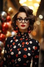 A Woman Wearing Glasses And A Polka Dot Dress. Digital Image. Mid Century Retro Fashion.