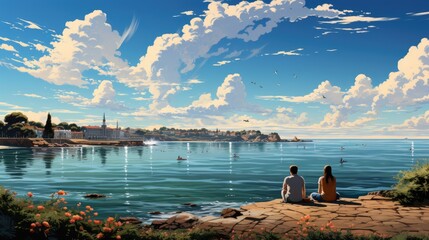 A painting of two people sitting on a rock overlooking the water. Digital image.