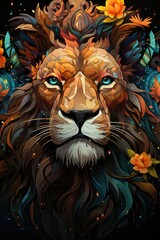 Wall Mural - A close up of a lion with flowers on its head. Digital image.