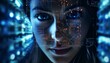 A woman with striking blue eyes against a futuristic backdrop of a circuit board