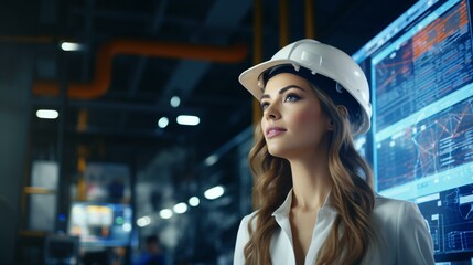A woman in a hard hat working on a computer screen
