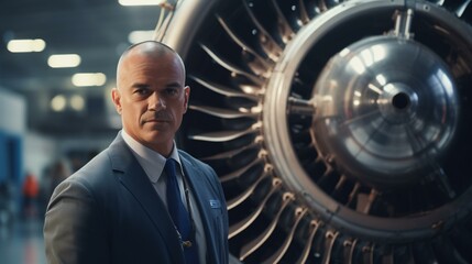 A businessman standing in front of a powerful jet engine