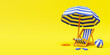 Beach chair, beach umbrella, beach ball, starfish and flip-flops on yellow background. 3d rendering of vacation gear