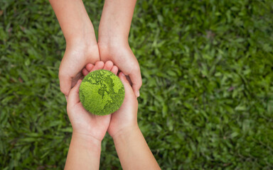 world environment day hand holding green globe on green background Environmental protection and sustainable environment Concept of cooperation to maintain a clean world