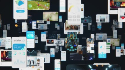 animated infinite zoom out virtual background with social networks connected together online. intern