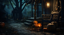 Halloween pumpkin on wooden terrace with autumn leaves. Halloween concept.