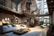 3D visualization of a converted loft with spiral stairs and living room. Generative AI