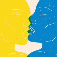 Abstract Poster With Kissing Couple Riso Effect. Woman Man Portrait Modern Lino Print Style. Vector Flat Illustration