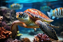 Beautiful Turtle Swimming Among Fishes In Blue Water Of Ocean. Beautiful Nature Underwater World Concept. AI Generated