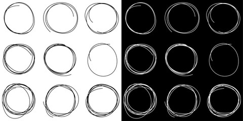 Leinwandbilder - Set of round doodles. Hand drawn circle, set of vector drawn rings. Set of 9 doodles, hand-drawn rings. White and black.