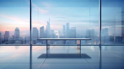 Wall Mural - A sleek, modern scene of a glass gentle light background for product presentation. The soft, diffused light of a cityscape at dusk filters through floortoceiling windows, casting minimalistic