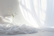 A peaceful bedroom with billowing, curtains swaying in the breeze as morning light seeps through, creating a soft and dreamy atmosphere. The gentle shadows create textures on the inviting,