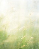 Fototapeta Łazienka -  A dreamy scene displaying a soft and ethereal light background of a meadow covered in mist. The sunlight filters through the window, illuminating the mistcovered grass and