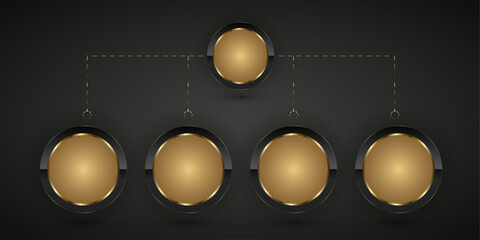 Chart of Circle rind buttons in Group of FIVE Dark and glod steel elements, FIVE Luxury realistic shiny metal buttons. and Eight golden circle buttons