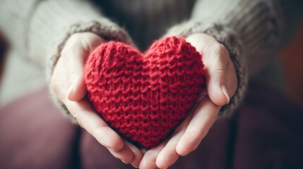 Winter Charity concept with red knitted heart in female hands. Winter Charity Work, Give Someone a Coat, Support Homeless Charities, Give Someone Holiday Cheer, Feed the Hungry