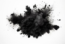 Black Powder Explosion On White Background, Particles Resembling Charcoal. Generative AI
