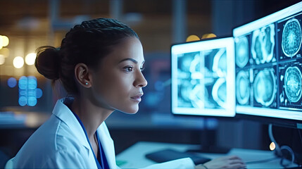 An expert female neurologist deeply engrossed in examining brain scans, utilizing innovative medical technology for diagnosis on the computer screen. Generative Ai.