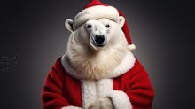 A Photograph Of Polar Bear Wearing Santa Clause Costume And Hat For Christmas Celebration Generative Ai