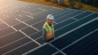 © tong2530 - Top view of An engineer in uniform holding tablet control solar cell farm. Generative Ai