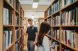 © Maskot - Happy students searching books on bookshelf in library at university